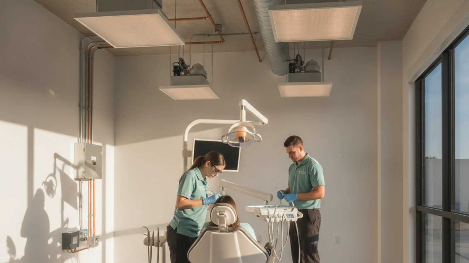 Modern dental operatory with overhead HVAC supply diffusers and HEPA filtration