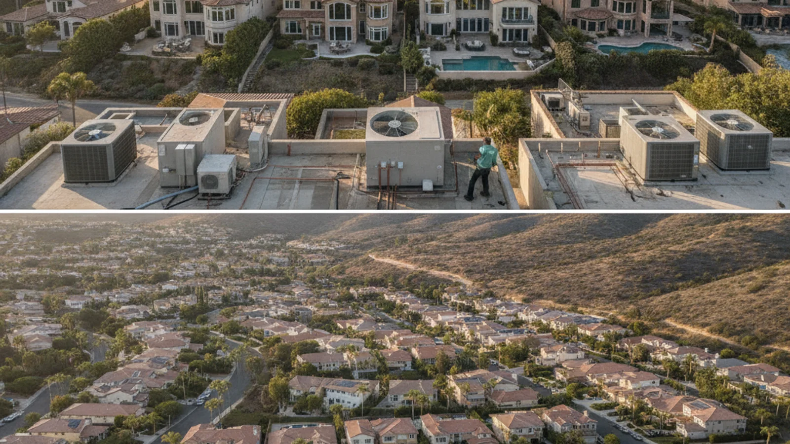 Aerial view of a San Diego County neighborhood showing the mix of coastal homes and inland valley homes that determines whether AC is necessary