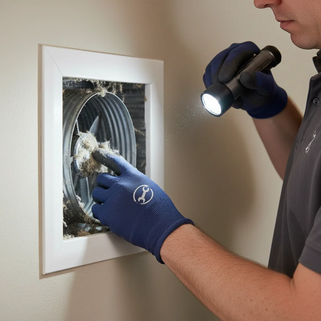Technician inspecting a residential supply vent register with a flashlight, dust visible inside the duct
