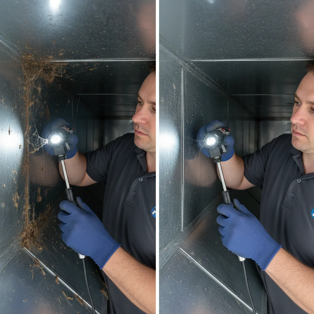 Side-by-side comparison of a dirty duct interior versus a clean one after professional service