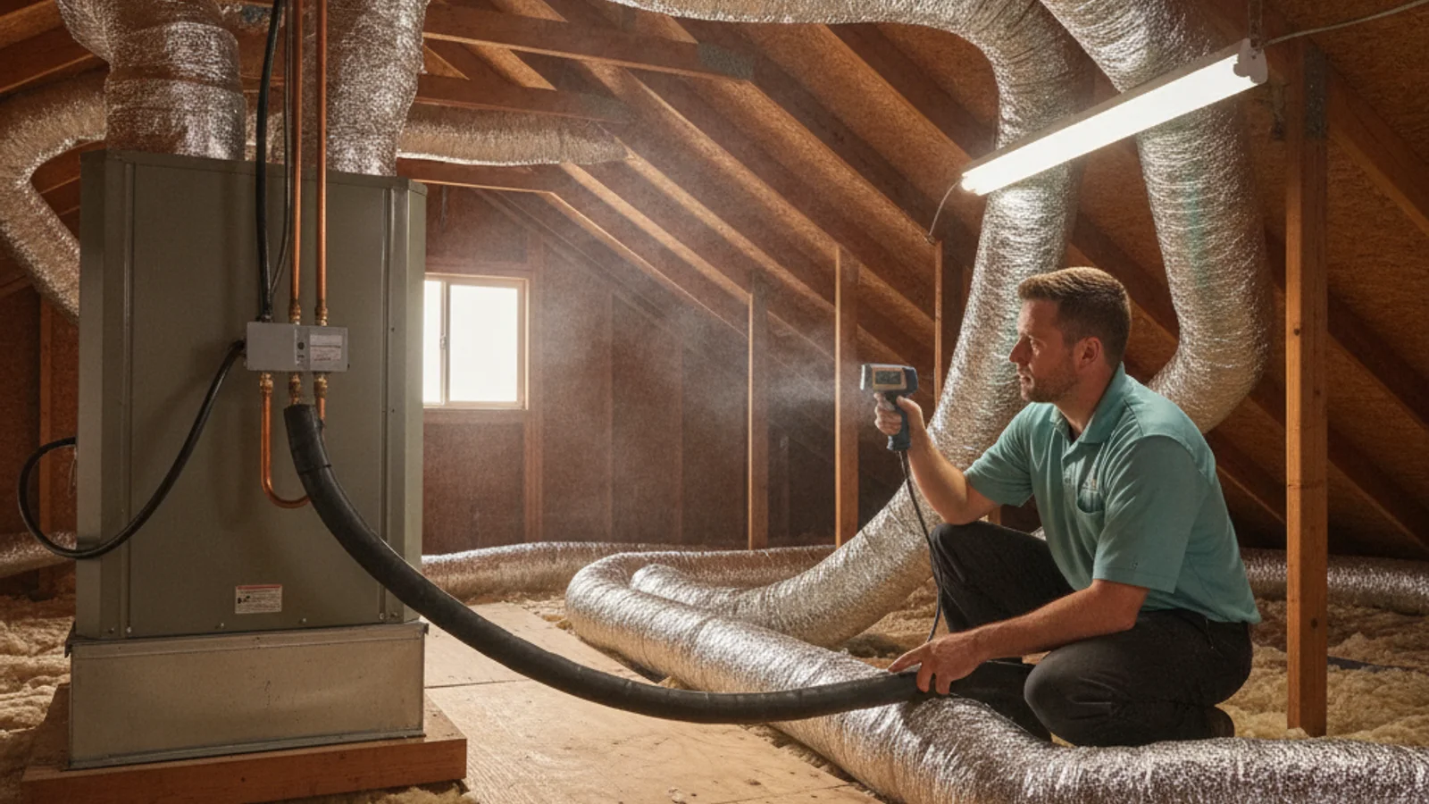 HVAC technician inspecting ductwork in a residential attic for leaks
