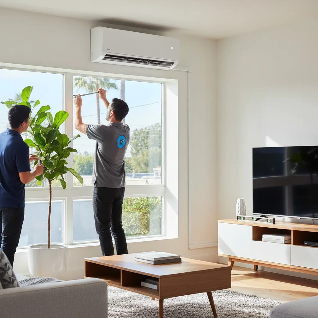 Wall-mounted ductless mini-split head freshly installed above a window in a sunny San Diego living room