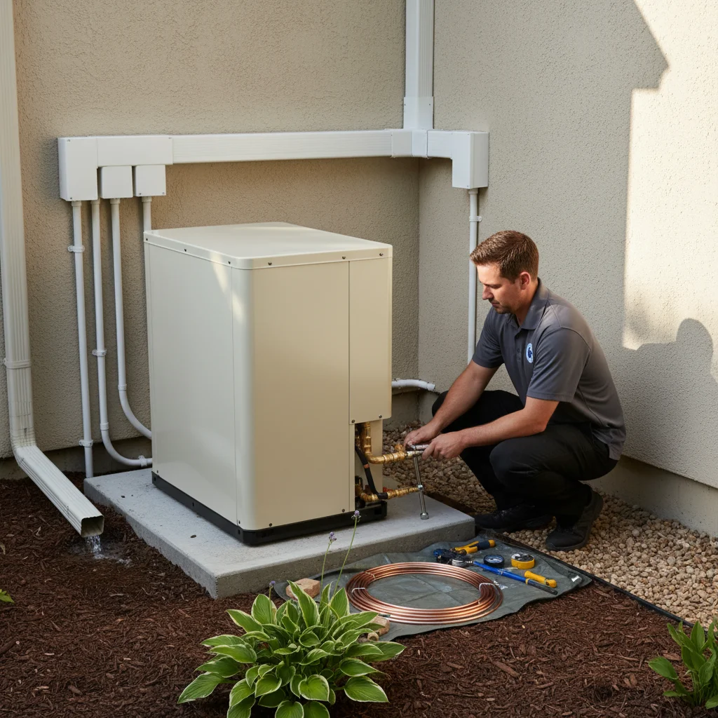 Outdoor multi-zone mini-split condenser mounted on a side yard pad with neat ref