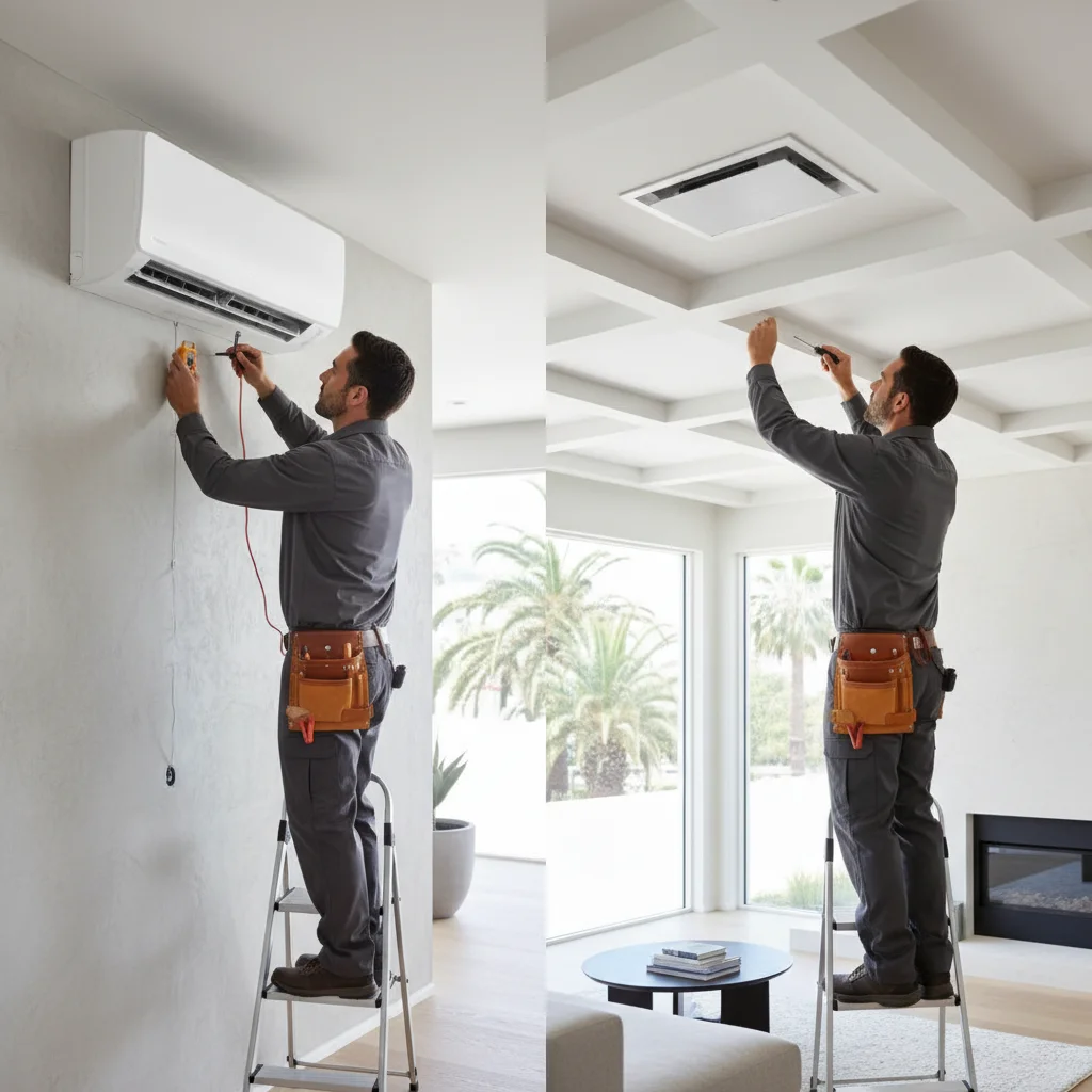 Split view of a modern mini-split unit and a central AC ceiling vent.