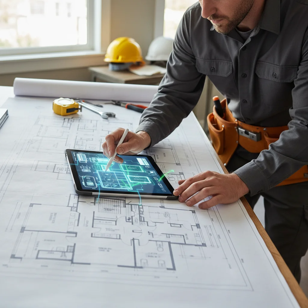 Tablet displaying a mini-split zone layout on a home blueprint.
