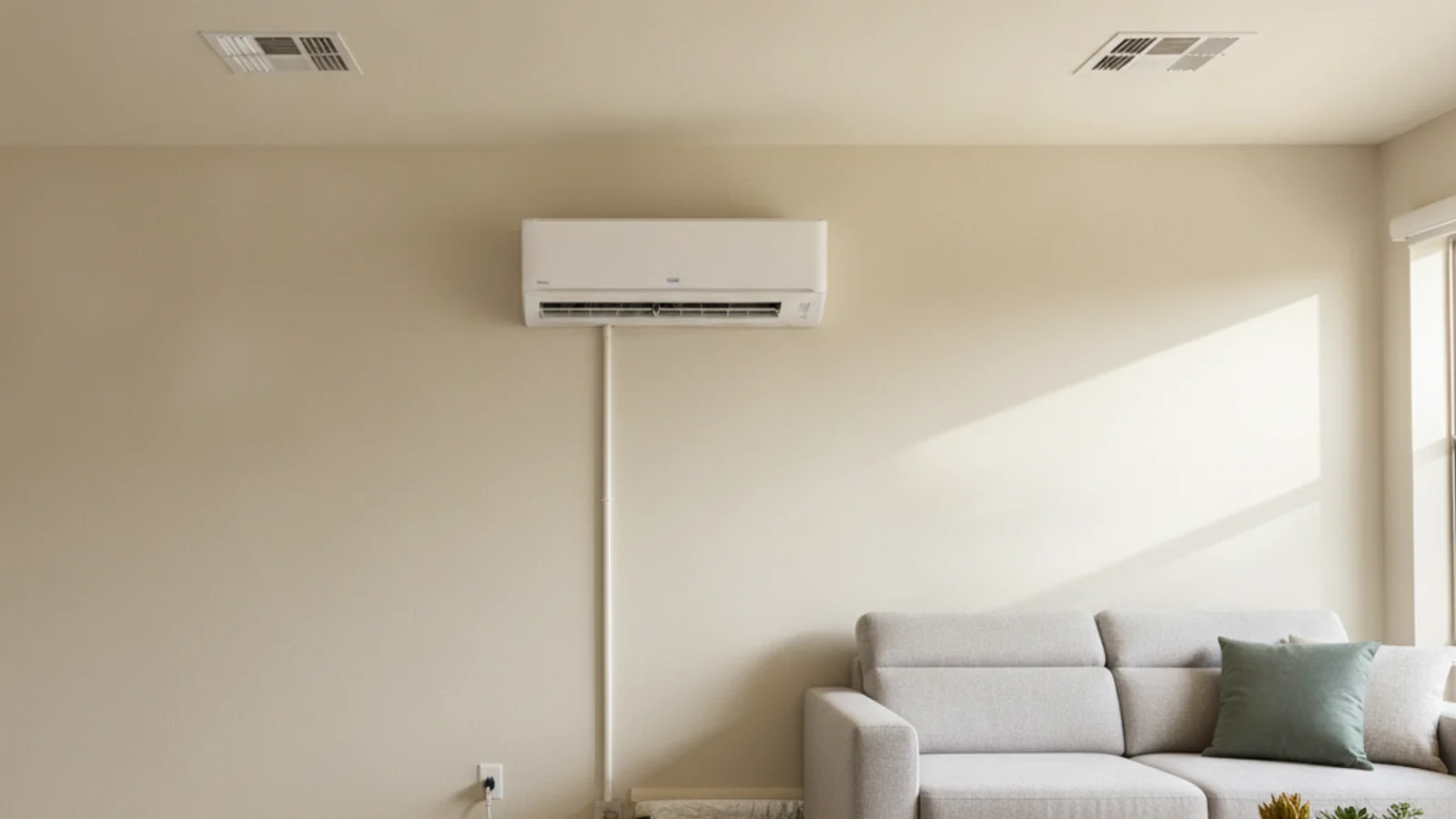 Wall-mounted ductless mini-split head installed next to ceiling supply registers in a San Diego home
