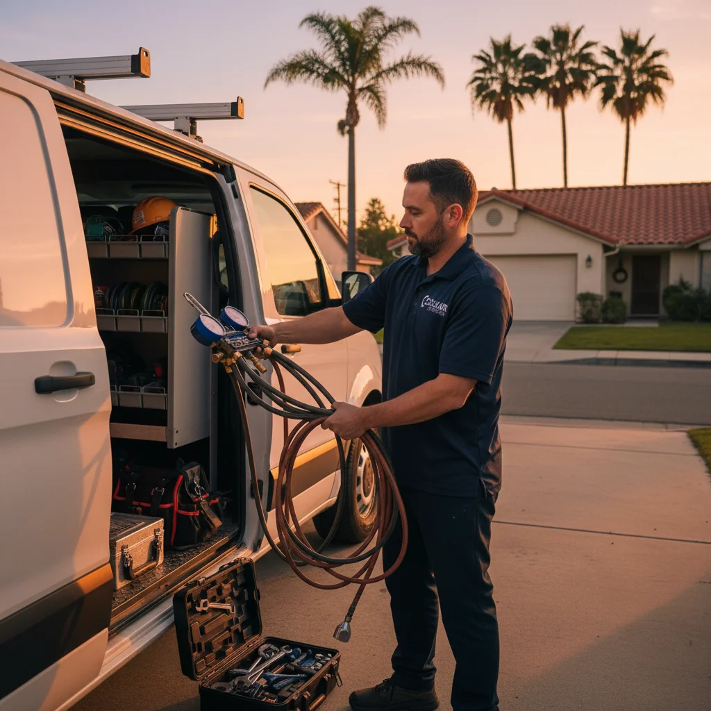 HVAC technician in branded polo loading equipment into a service van at dusk in a San Diego residential driveway