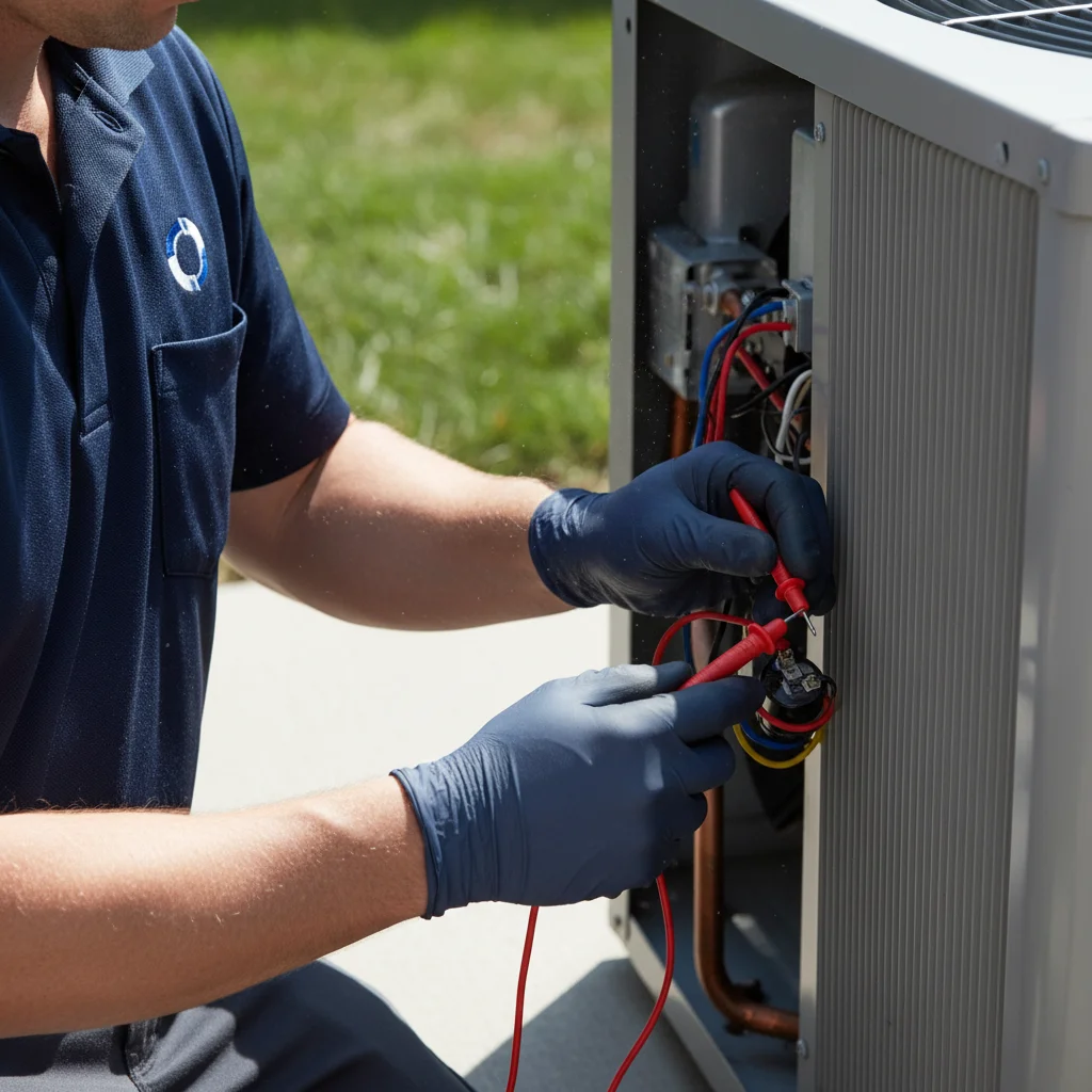 Close-up of a service tech's hands using a multimeter on an outdoor AC condenser unit