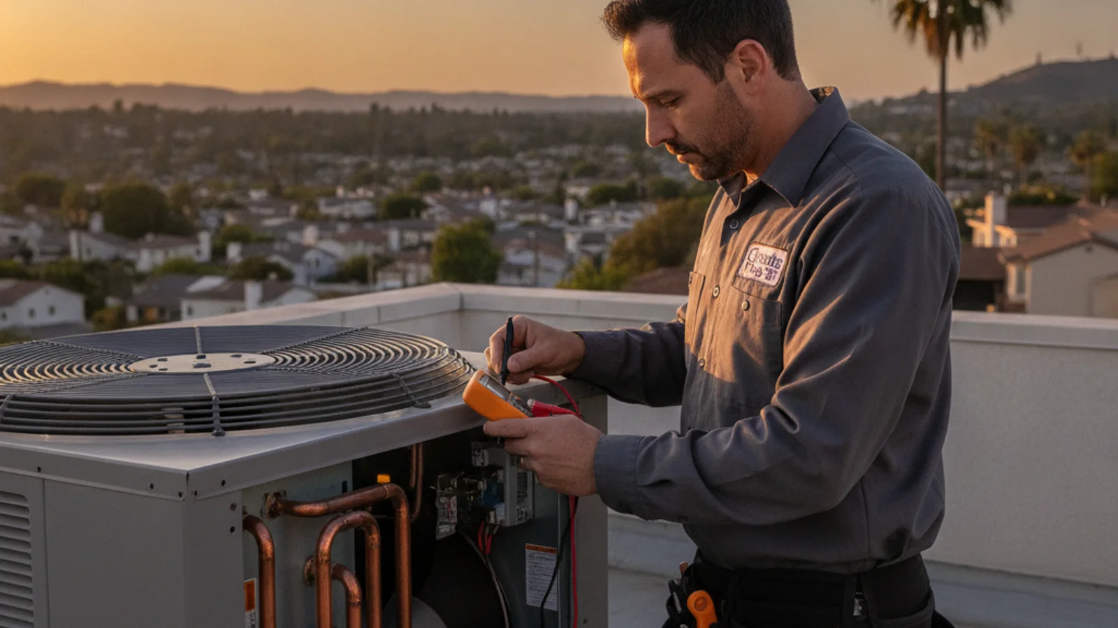 Homeowner checking an outdoor HVAC condenser unit beside a Vista California home on a hot afternoon