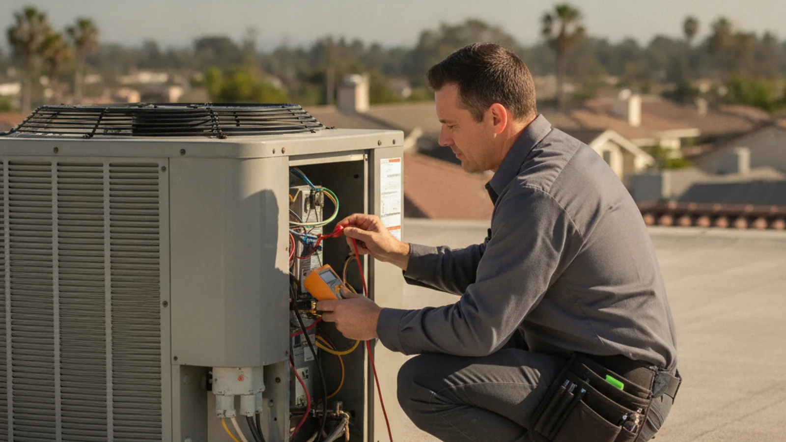 Corroded outdoor heat pump condenser cabinet at a coastal Carlsbad home near the ocean