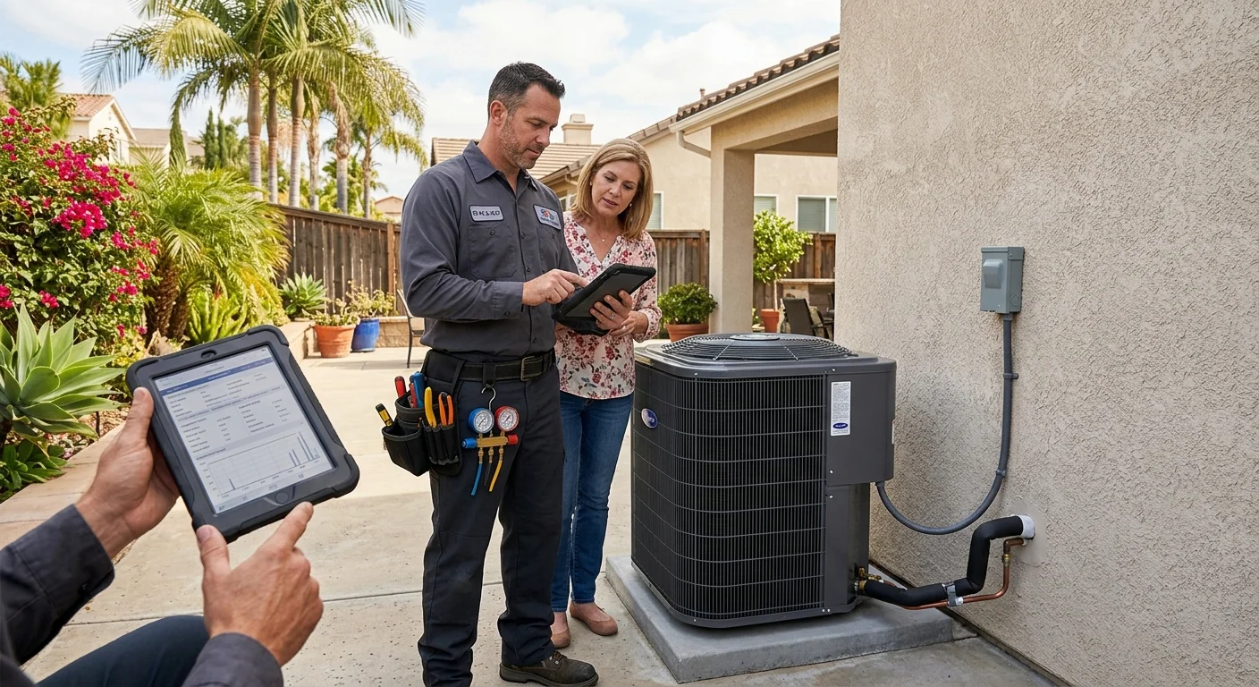Homeowner comparing HVAC equipment details at a San Diego home
