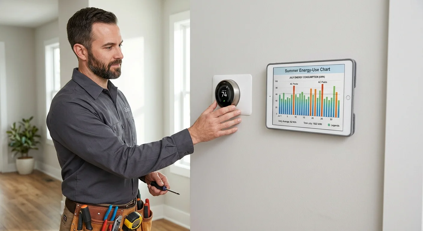 A modern smart thermostat beside a homeowner's summer energy-use chart on a tablet