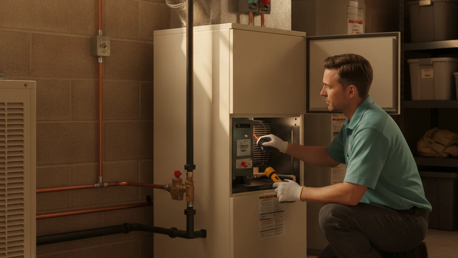 HVAC technician inspecting a residential gas furnace during a fall heating system check