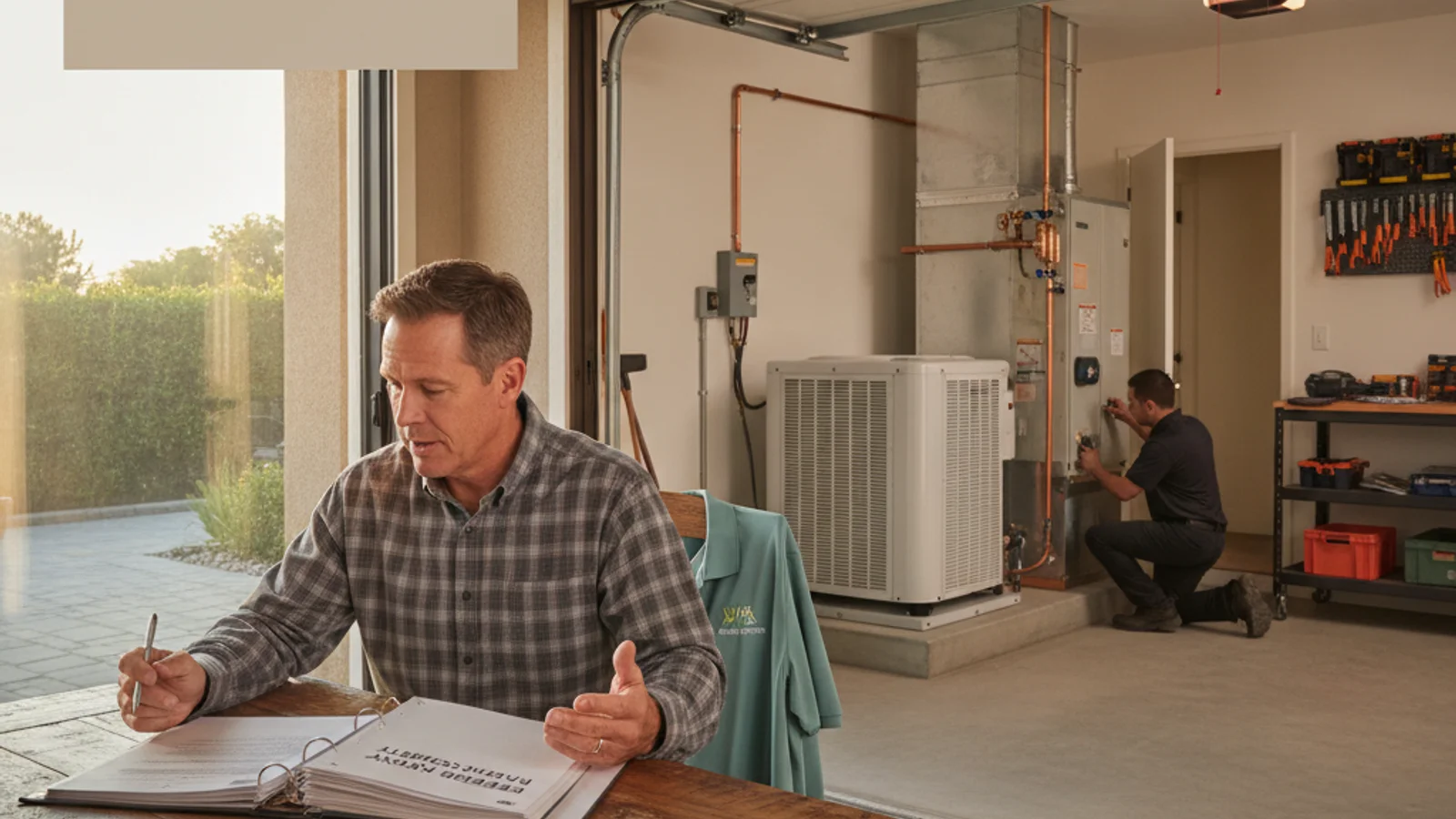 Homeowner reviewing federal energy tax credit documentation for HVAC purchase