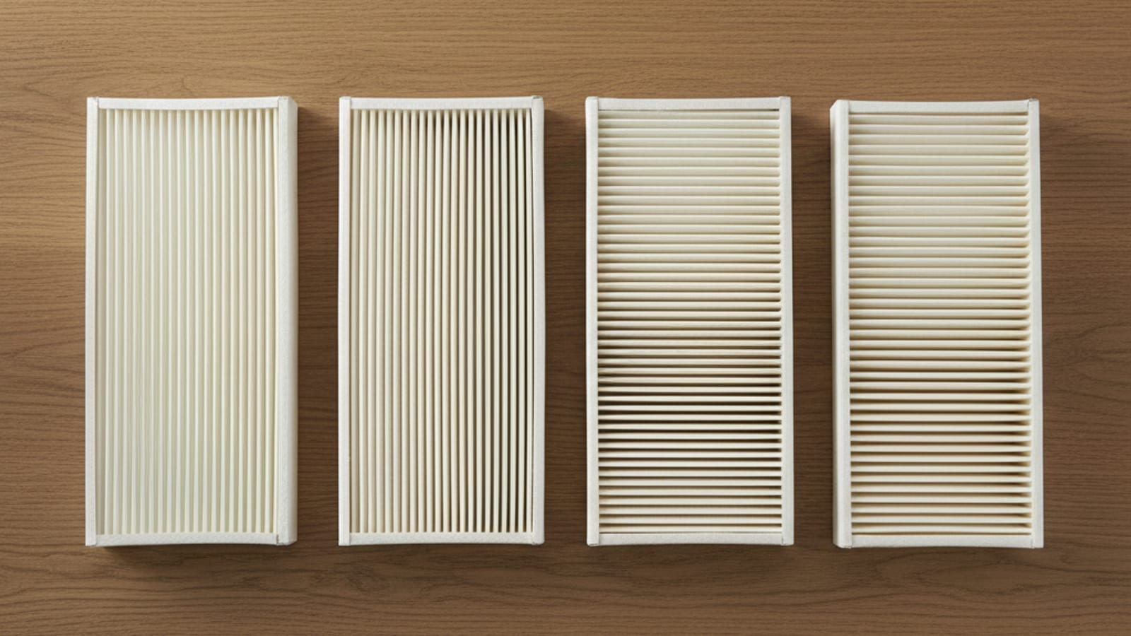 Row of four HVAC pleated air filters laid on a wood surface showing progressively finer pleat density from MERV 8 to MERV 13