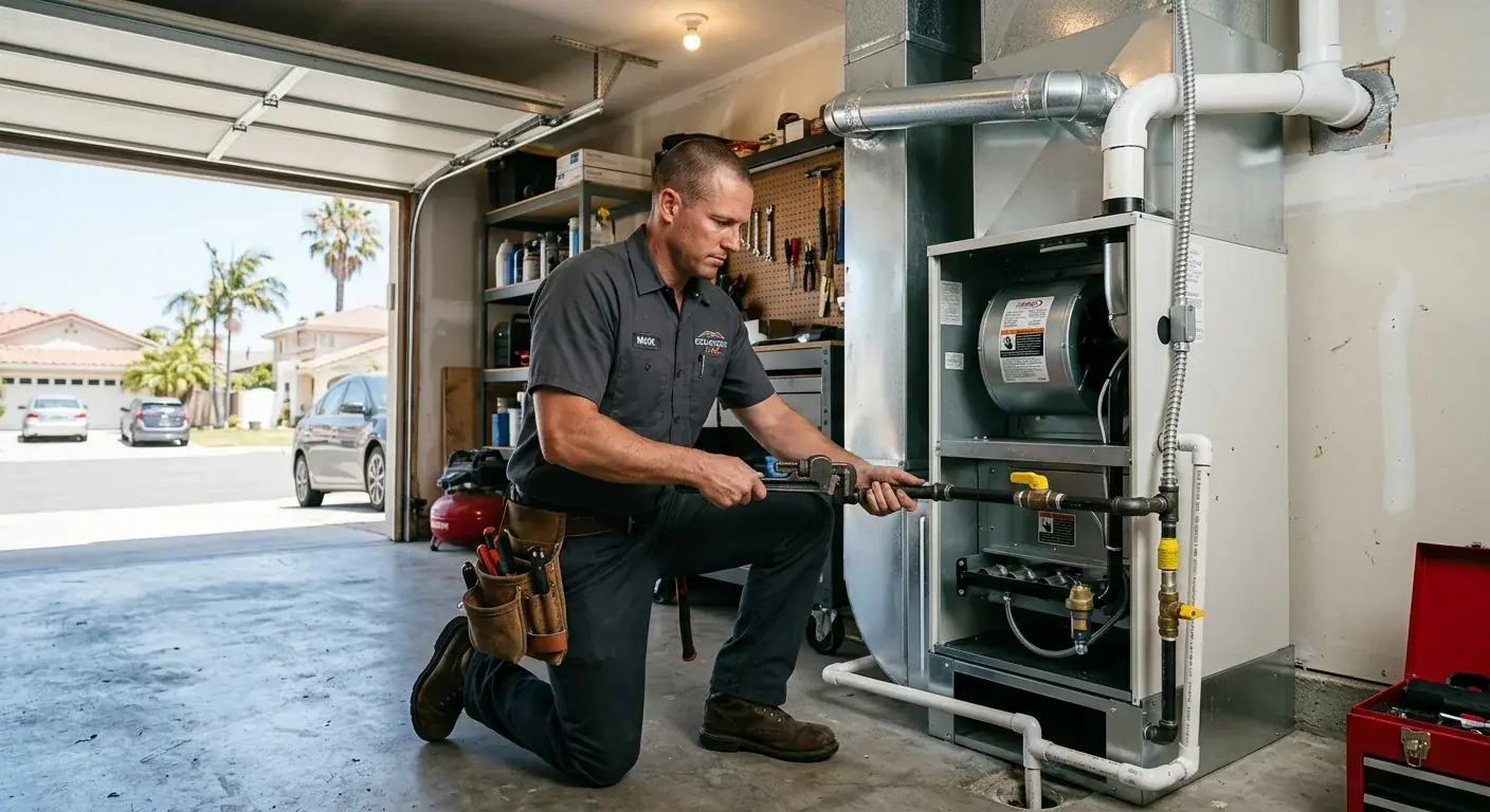 A manufactured home in a San Diego County park with a compact HVAC unit on the side and a small concrete pad.