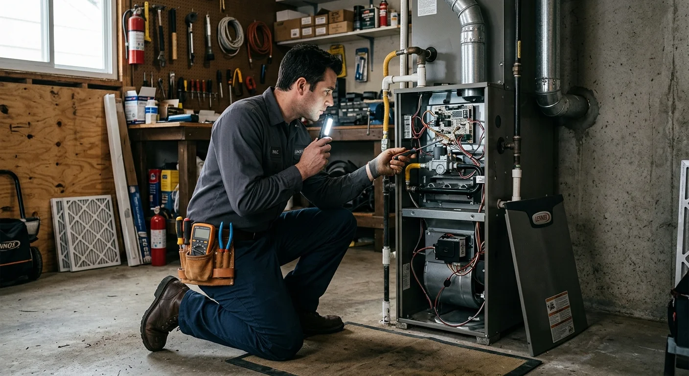 Homeowner kneeling beside an open furnace cabinet panel with a flashlight, troubleshooting a furnace
