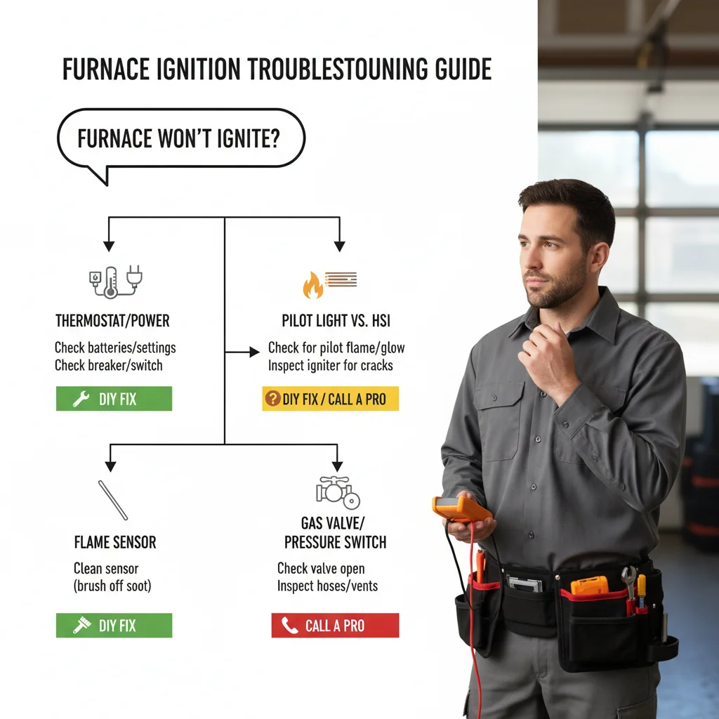 Infographic detailing common furnace ignition problems and solutions, showing components like the thermostat, pilot light, hot surface igniter, flame sensor, gas valve, and pressure switch.