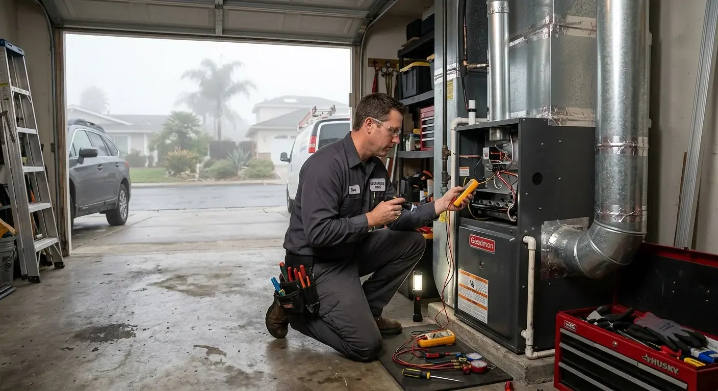 A Climate Pros technician inspecting a furnace in a Carlsbad garage, with the Pacific marine layer visible outside.