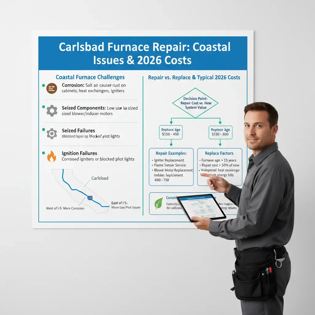 Infographic illustrating typical 2026 furnace repair costs in Carlsbad, common issues from salt air, and factors for repair vs. replacement.