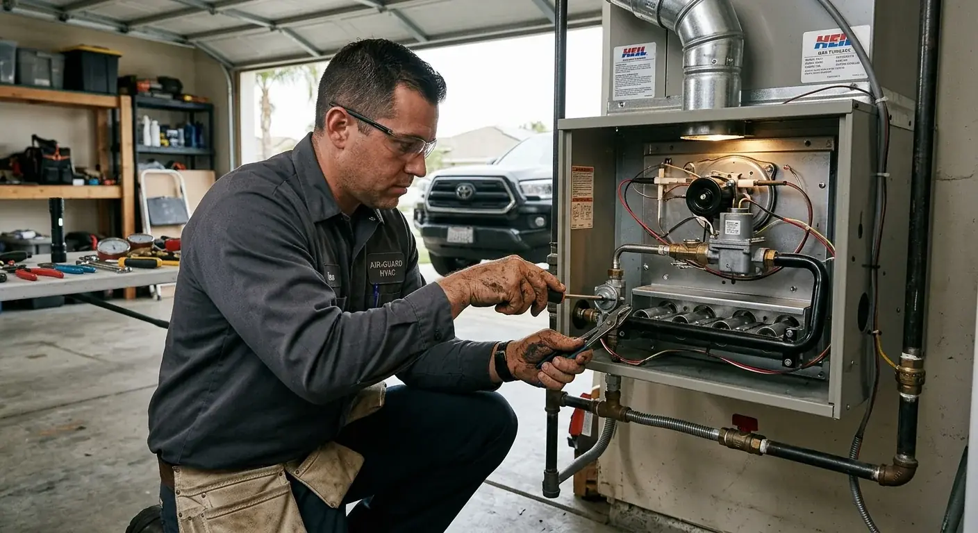 Manos del técnico trabajando en el ensamblaje del quemador de un horno de gas dentro del garaje de una casa suburbana en Chula Vista, concentradas y profesionales.