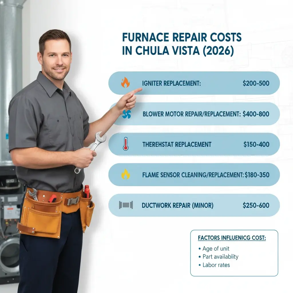 Infographic comparing typical furnace repair costs for common issues in Chula Vista for 2026, including average ranges for parts and labor.