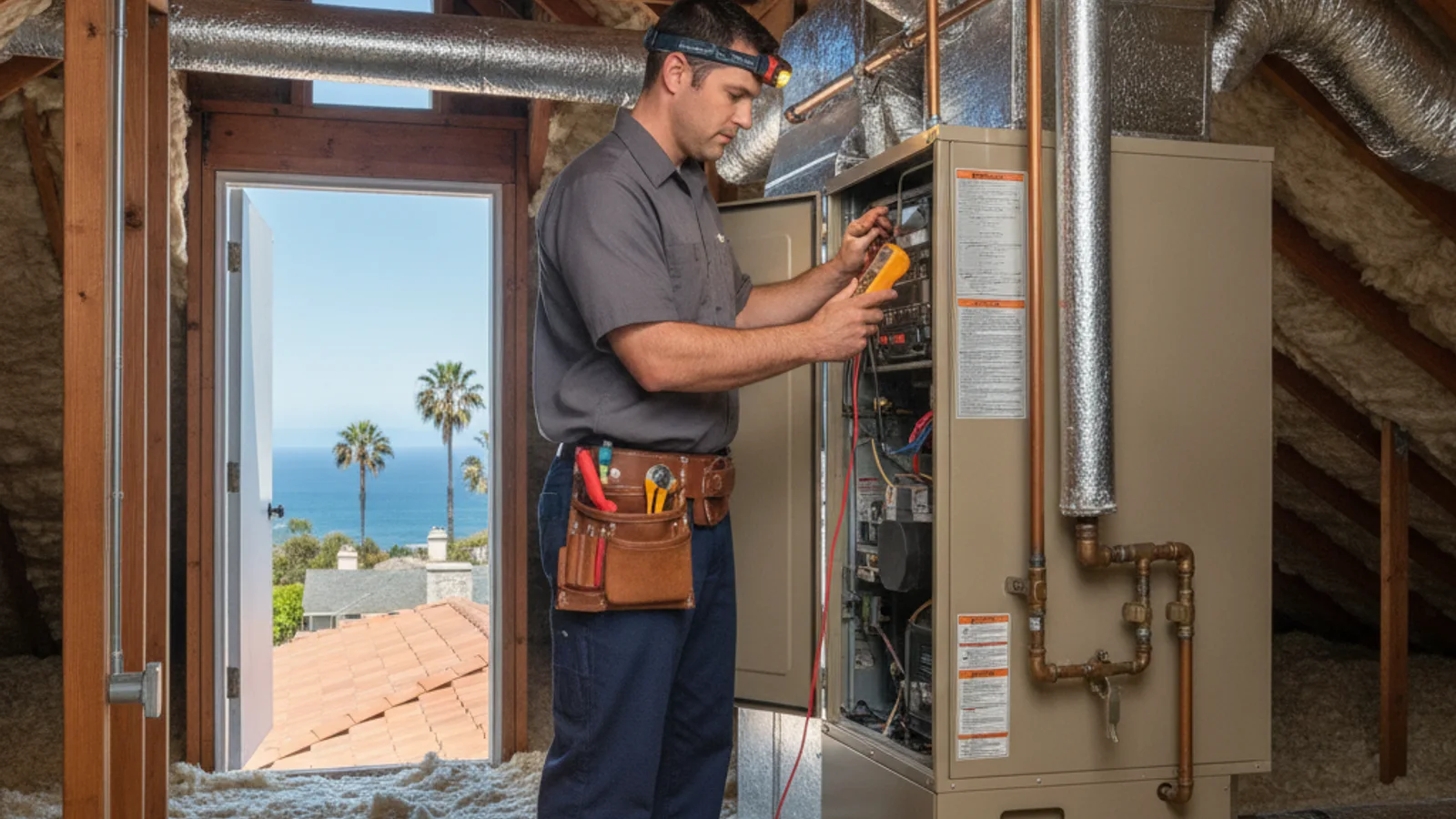 A furnace tucked into a narrow attic mechanical closet in a Del Mar hillside home