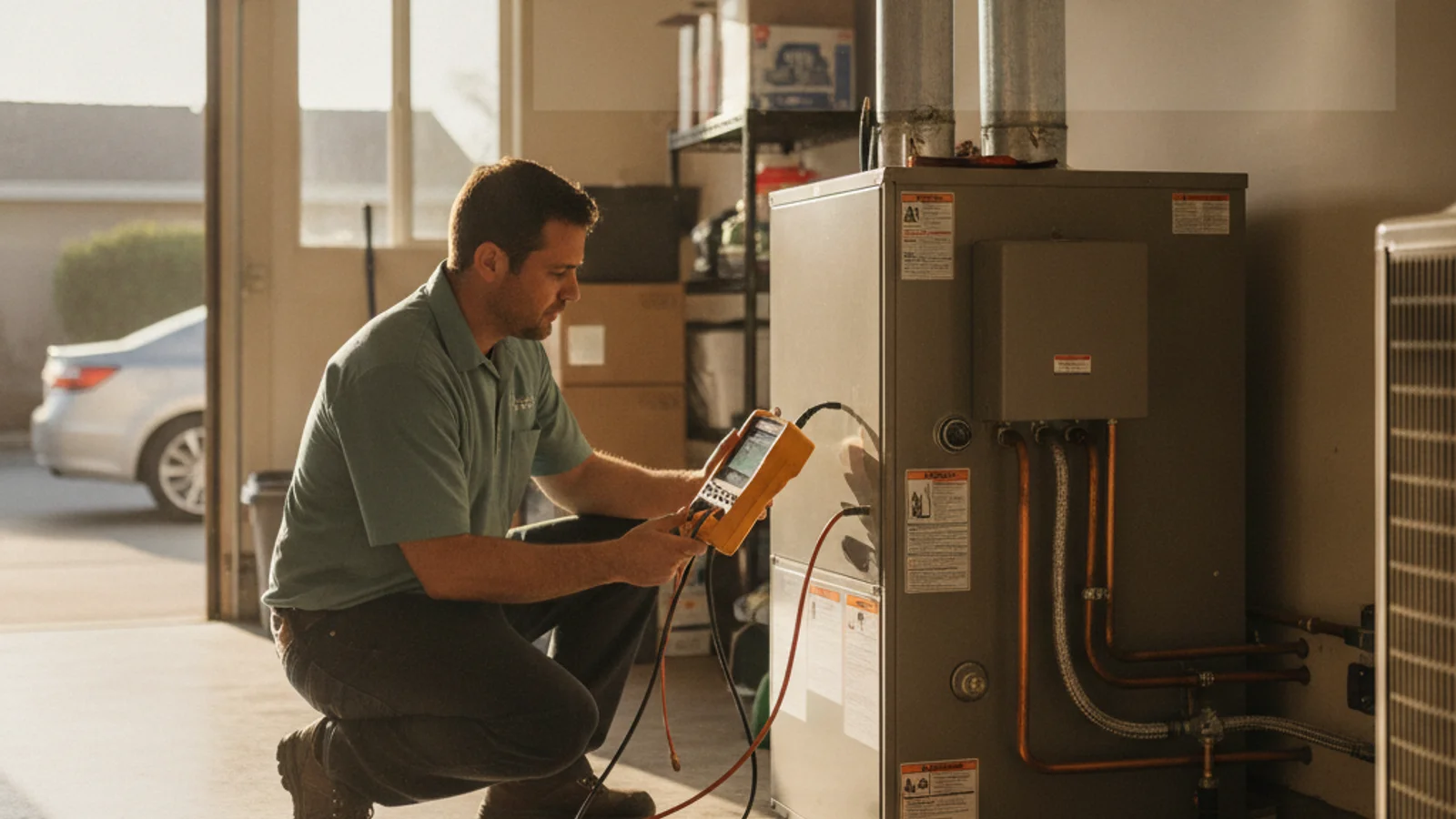 HVAC technician with a combustion analyzer checking a furnace in an El Cajon East County home
