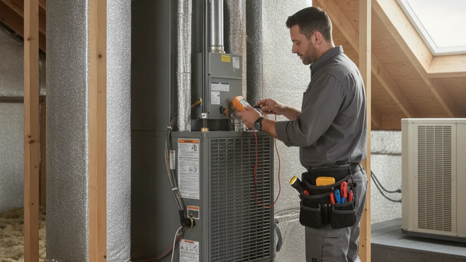 A gas furnace in the garage of an Encinitas home with the burner access panel removed for inspection
