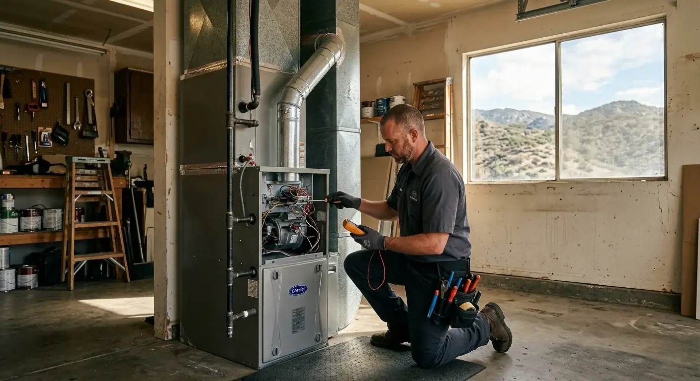 Un horno de gas residencial en el garaje de una casa más antigua de Escondido, con luz matutina a través de una ventana y colinas secas del interior visibles afuera.