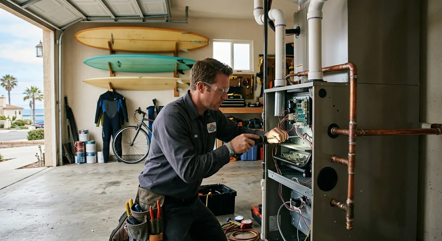 Técnico trabajando en un horno en el garaje de una casa de Oceanside, con tablas de surf colgadas en la pared de fondo