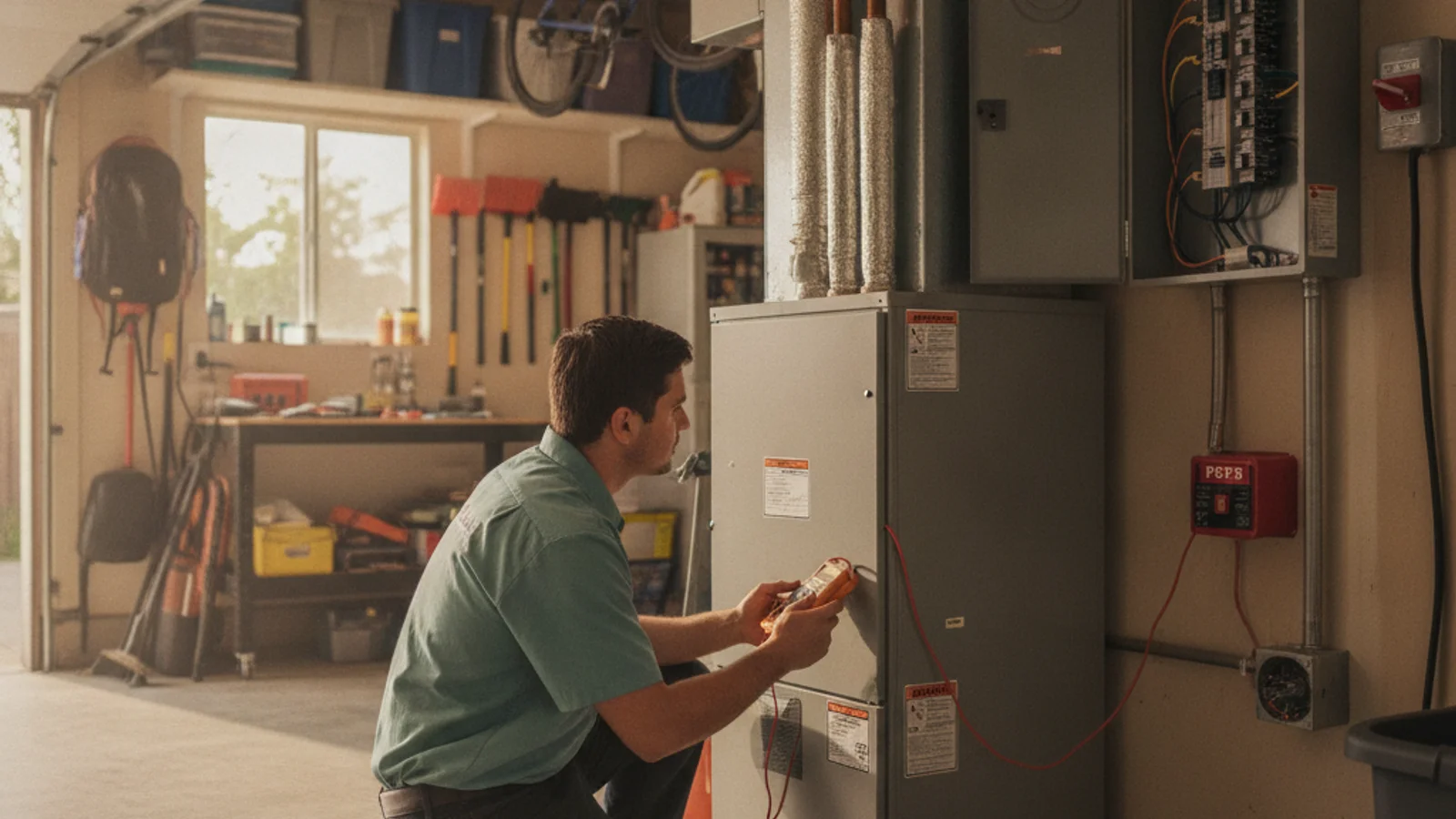 Technician checking a gas furnace in a Poway garage with PSPS safety switch visible on the electrical panel
