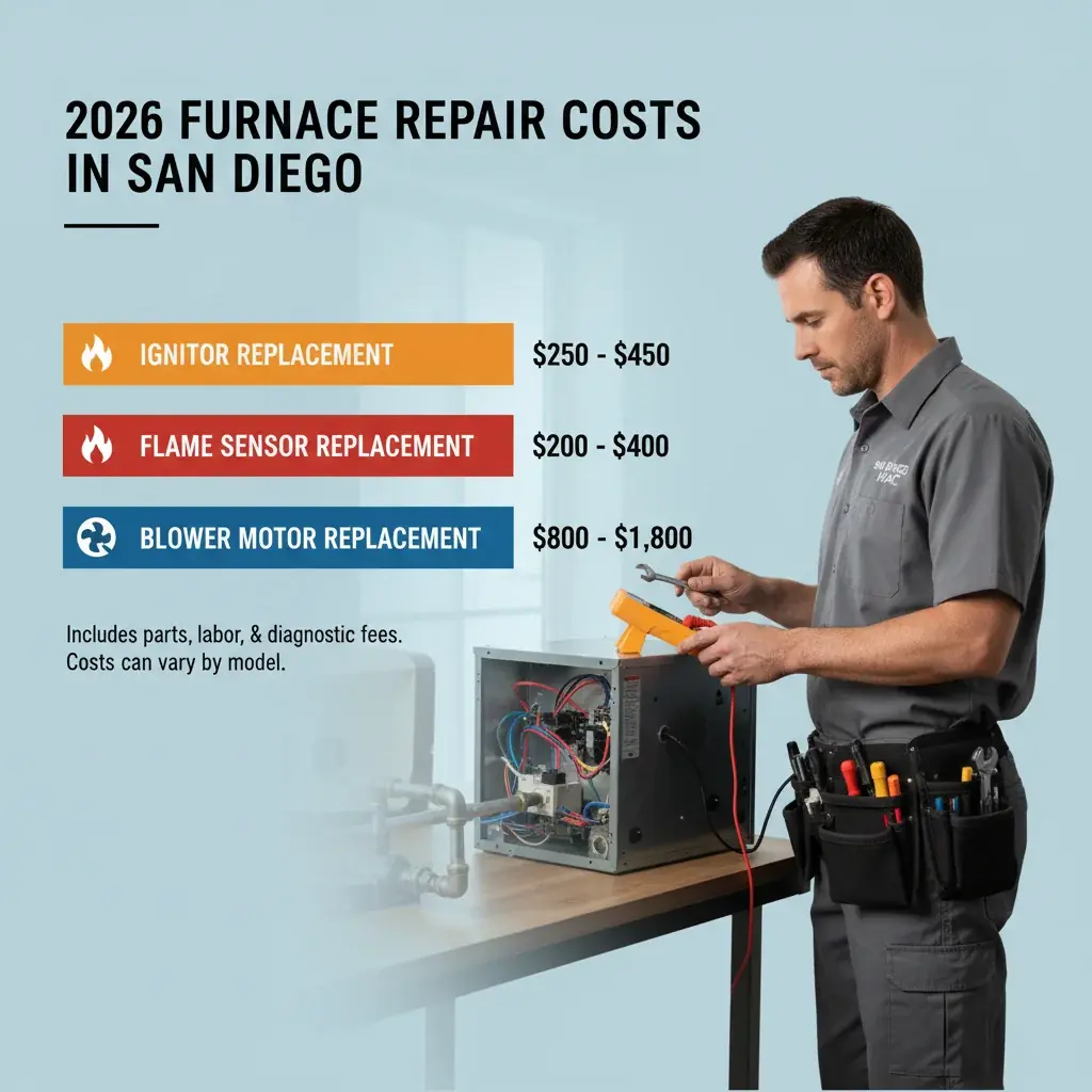 Infographic displaying 2026 furnace repair cost ranges for ignitor, flame sensor, and blower motor replacement in San Diego.