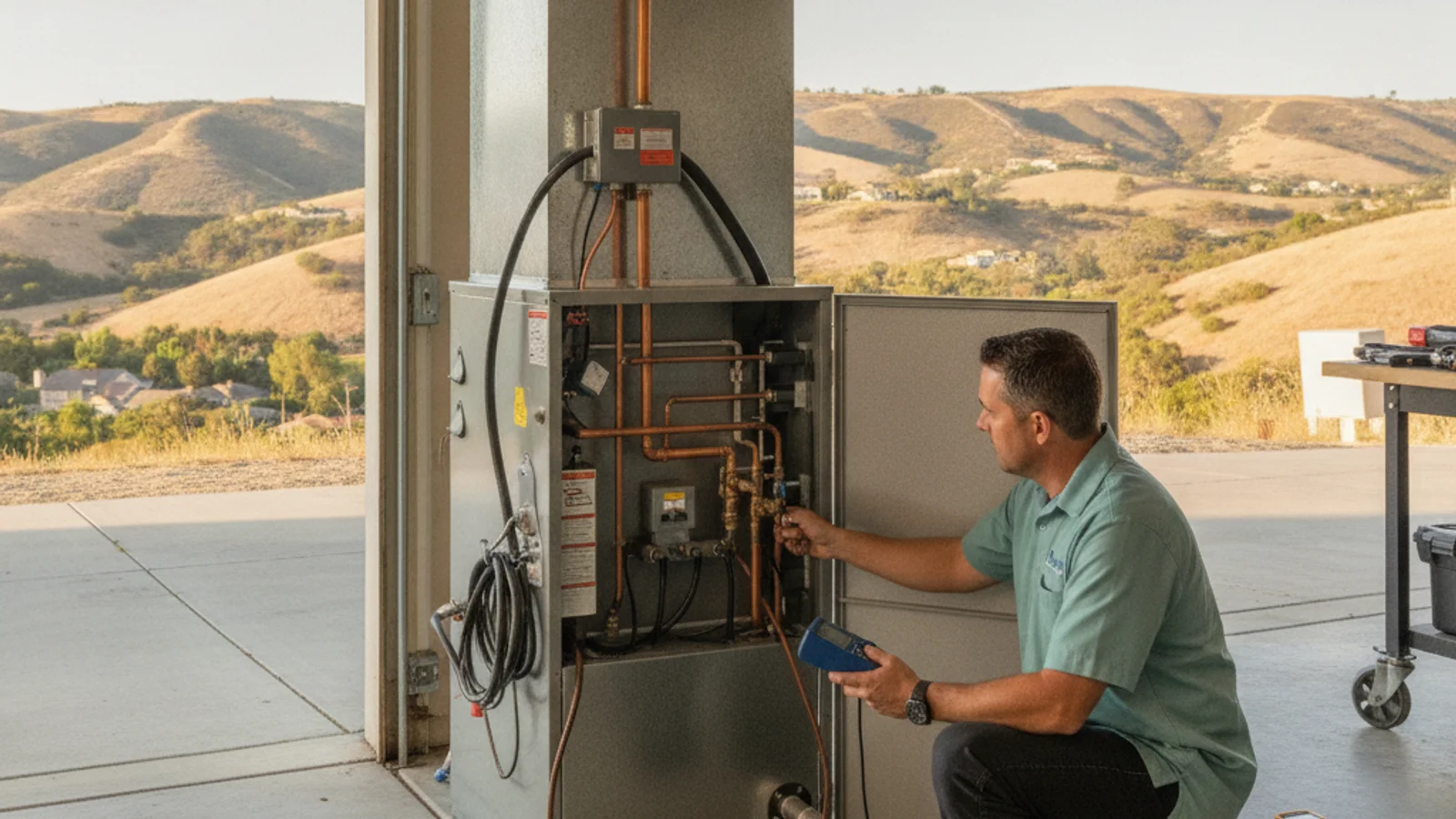 HVAC technician inspecting a furnace in the garage of a San Marcos home, North County inland hills visible through the open door