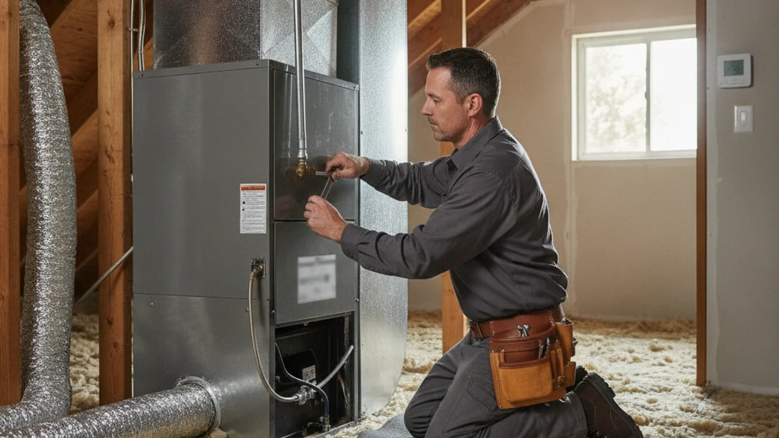 HVAC technician inspecting the burner assembly and flame sensor inside an older gas furnace in a Santee, California garage