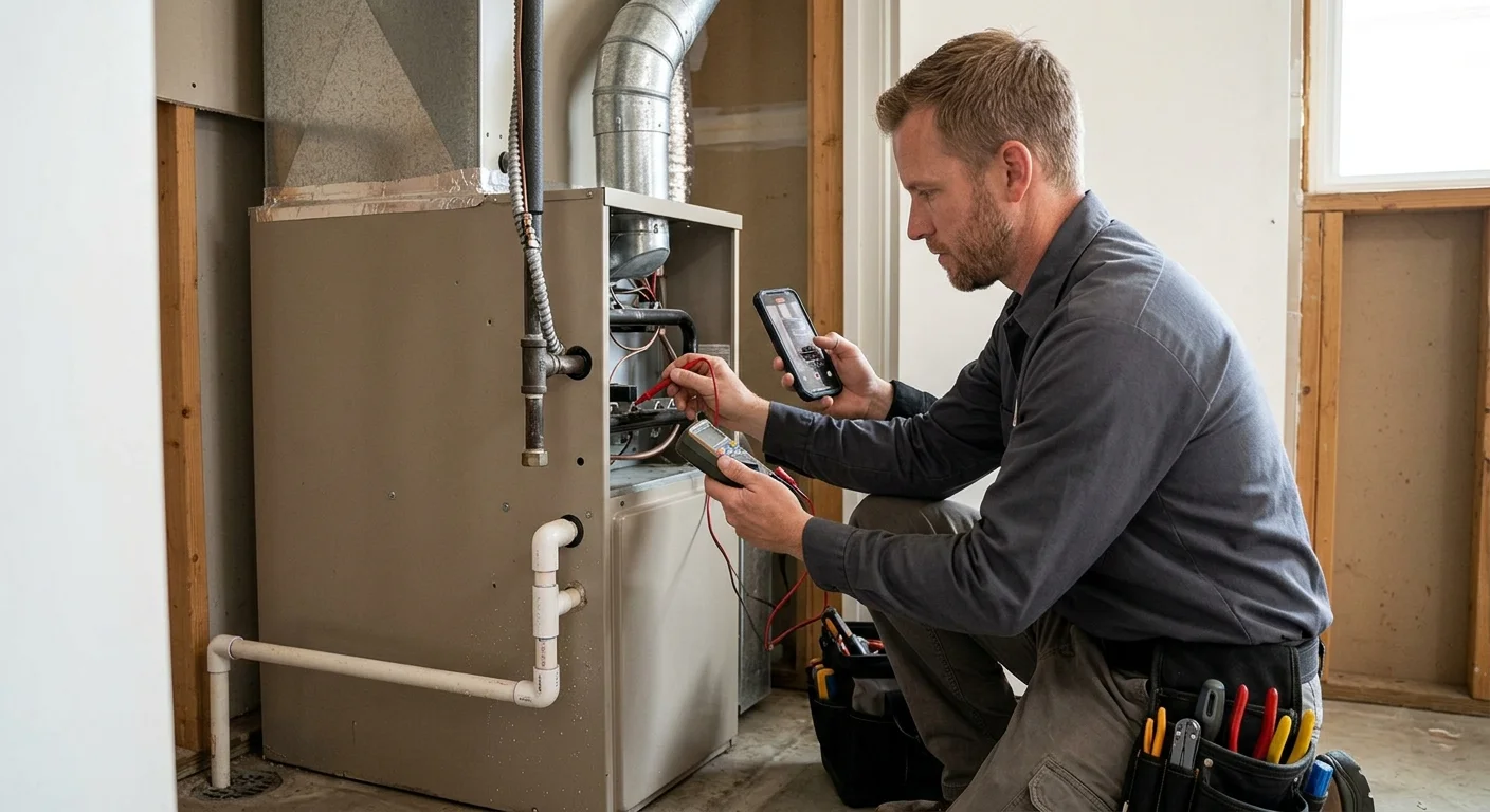 Tierrasanta homeowner recording furnace symptoms beside a closed equipment cabinet