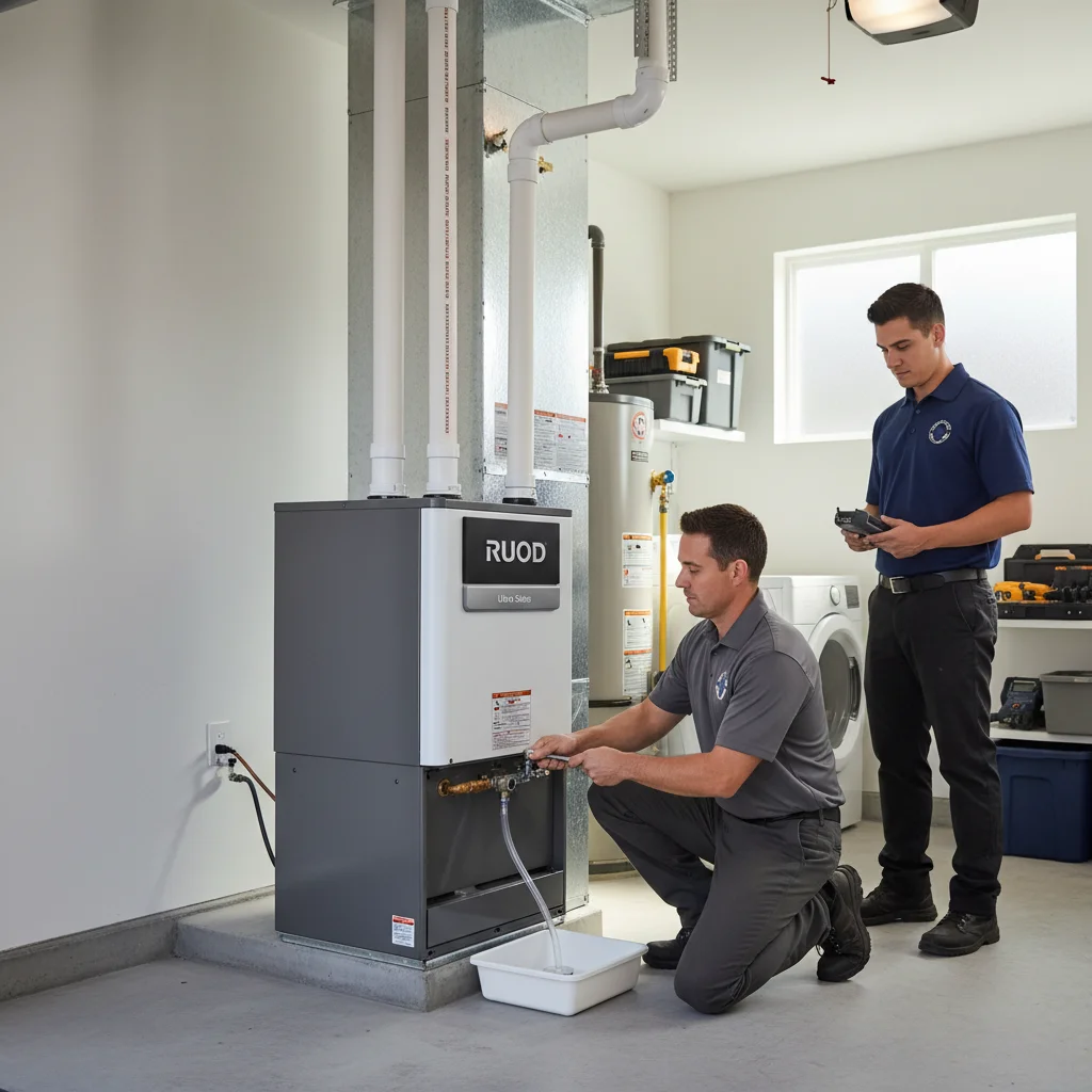 New high-efficiency gas furnace installed in a clean San Diego garage utility space with neat venting
