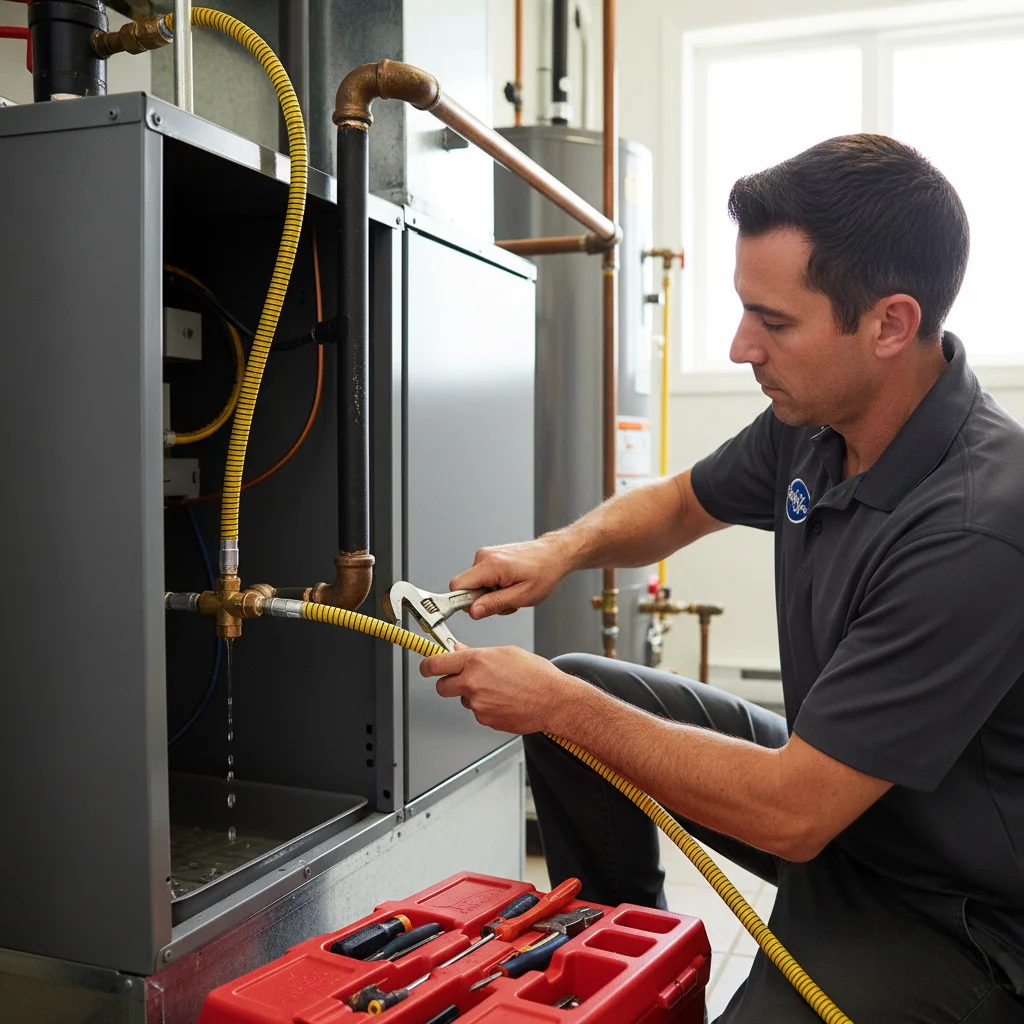 HVAC technician connecting a gas line to a new furnace cabinet in a well-lit utility room