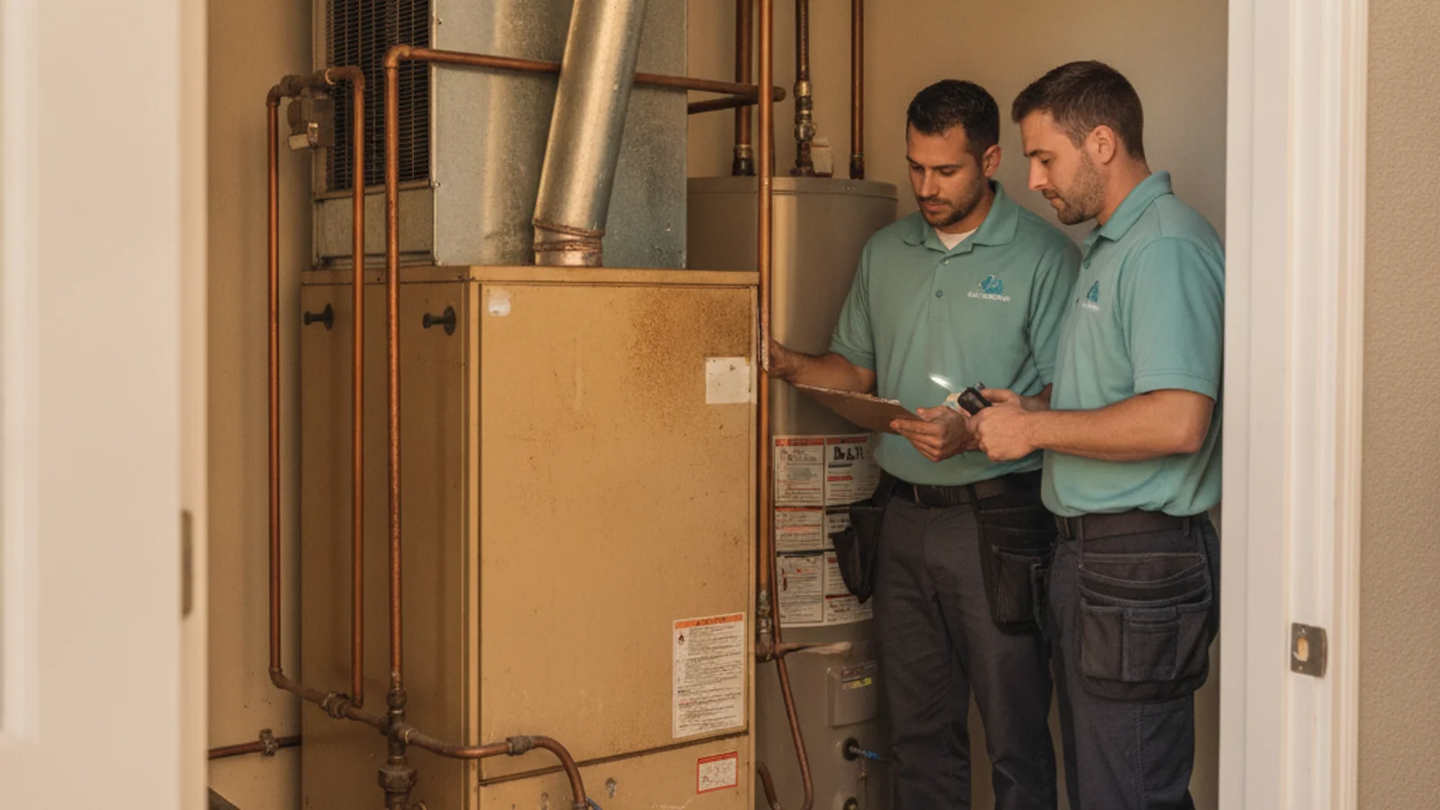 Gas furnace in a Scripps Ranch two-story home utility closet, showing a 1990s unit due for replacement