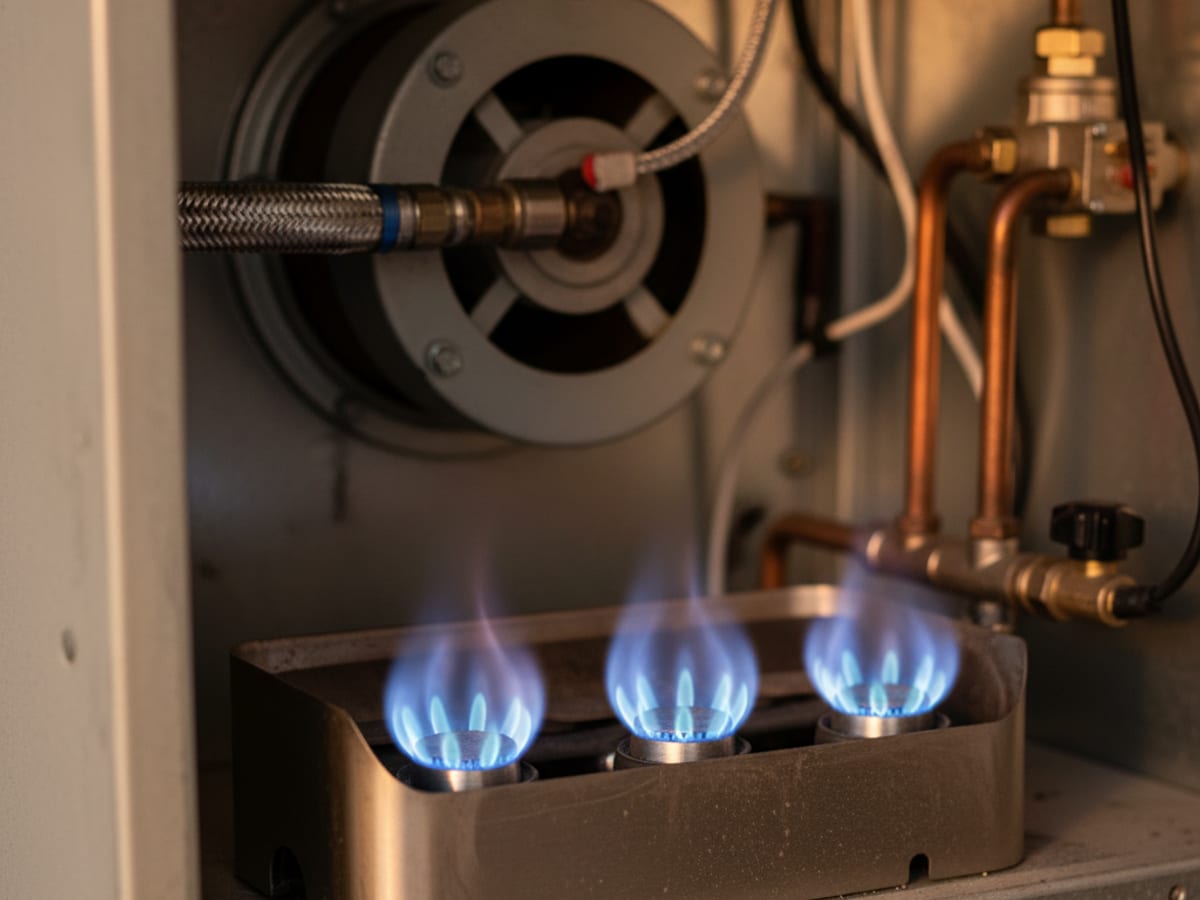 Close-up of a gas furnace burner showing crisp steady blue flames indicating proper combustion