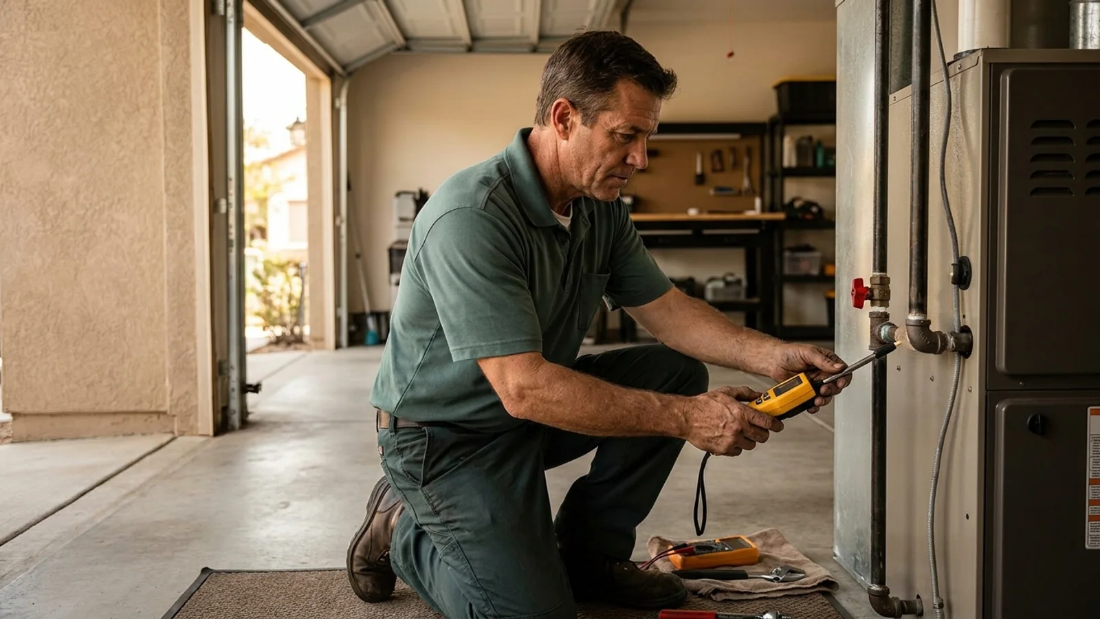 A San Diego HVAC technician checking a home gas furnace connection with a handheld gas leak detector