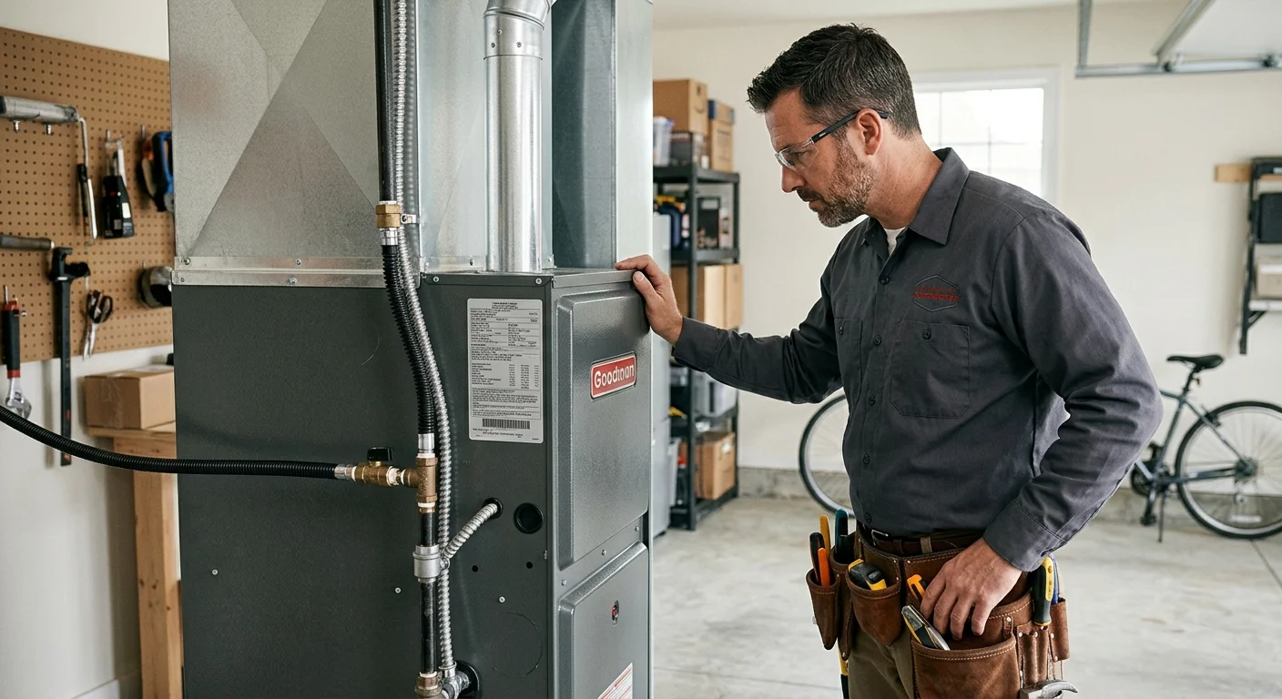 Homeowner reading the exterior data plate on a Goodman furnace