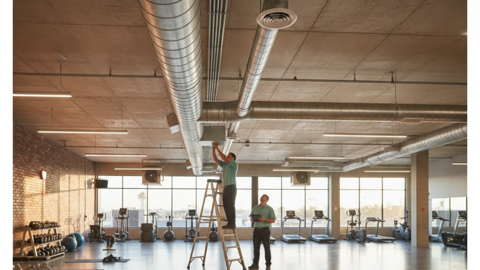 Commercial HVAC ductwork serving a San Diego fitness studio