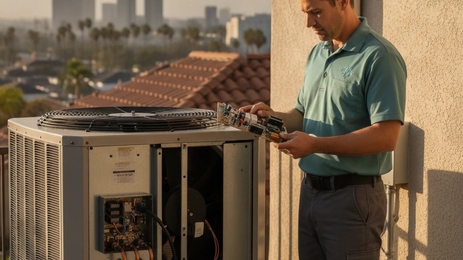 A technician holds an electrical component next to an open outdoor AC condenser in San Diego.