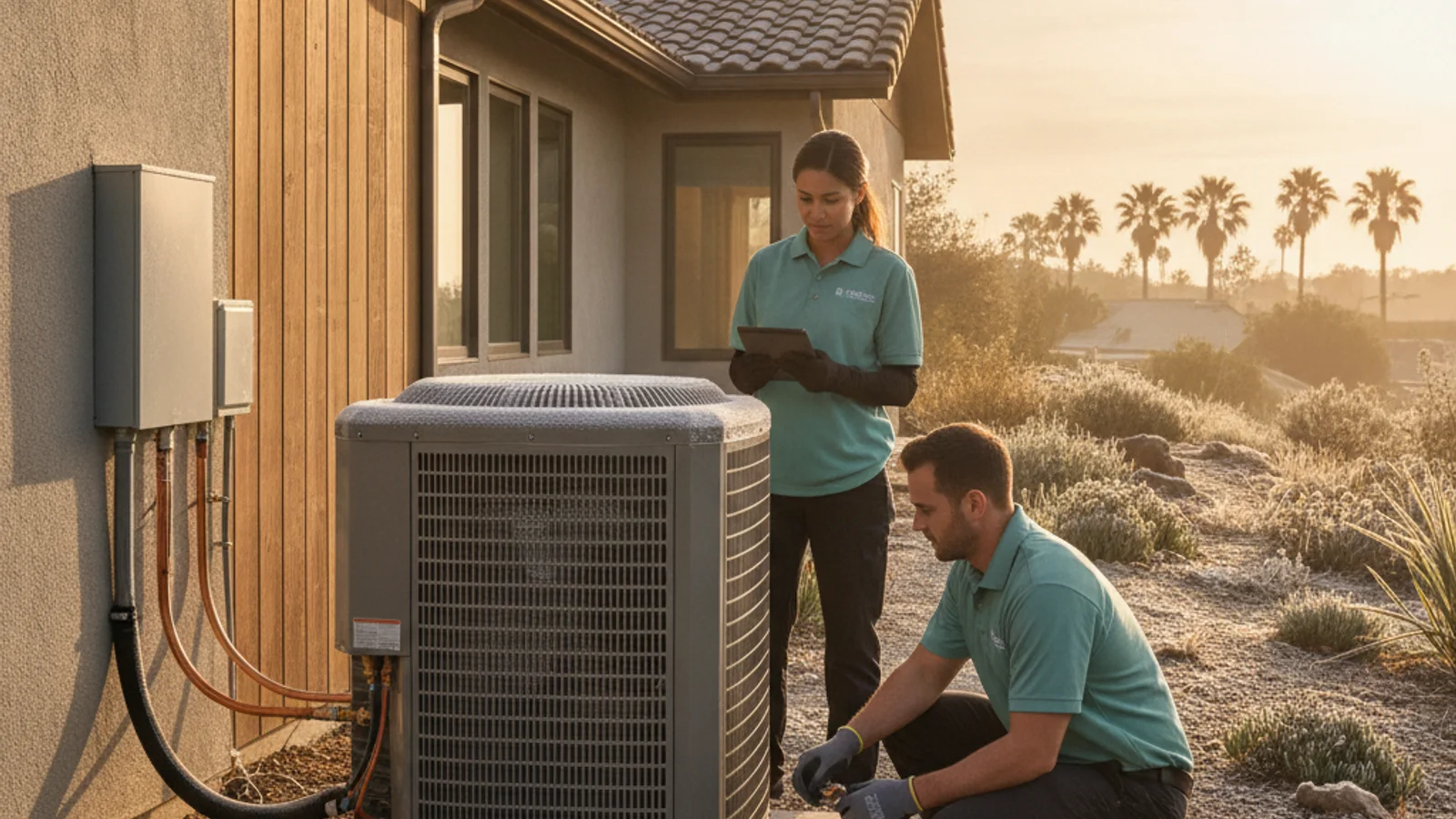 Outdoor heat pump at a San Diego home in winter, the kind of unit prone to freezing in inland mornings