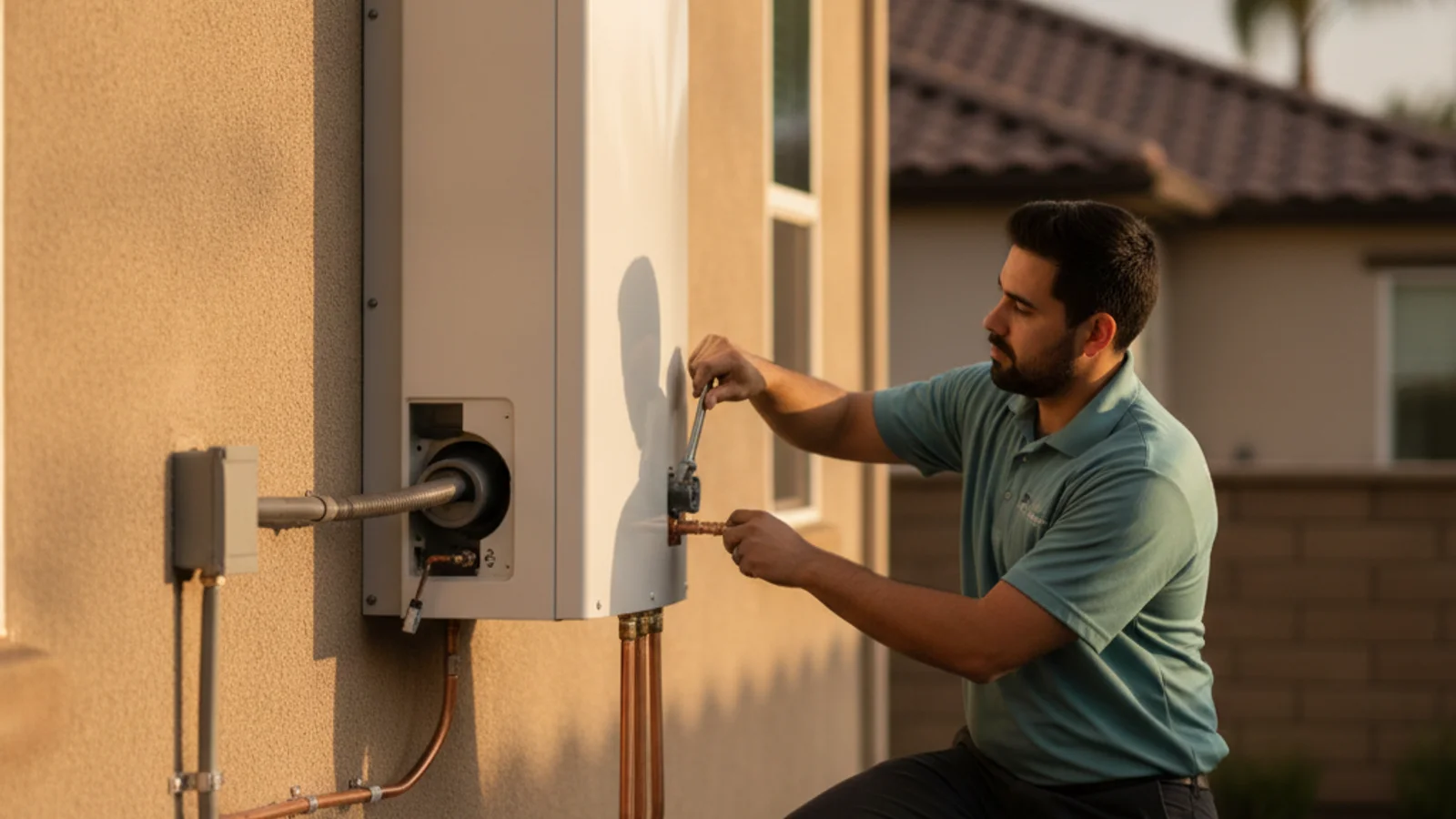 HVAC technician installing a heat pump on the side of a San Diego tract home