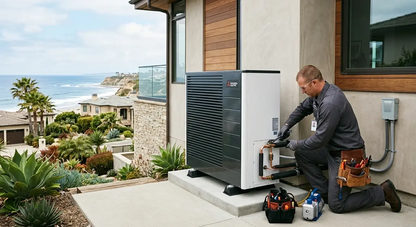 Outdoor heat pump unit at the side of a coastal San Diego home with refrigerant lines visible
