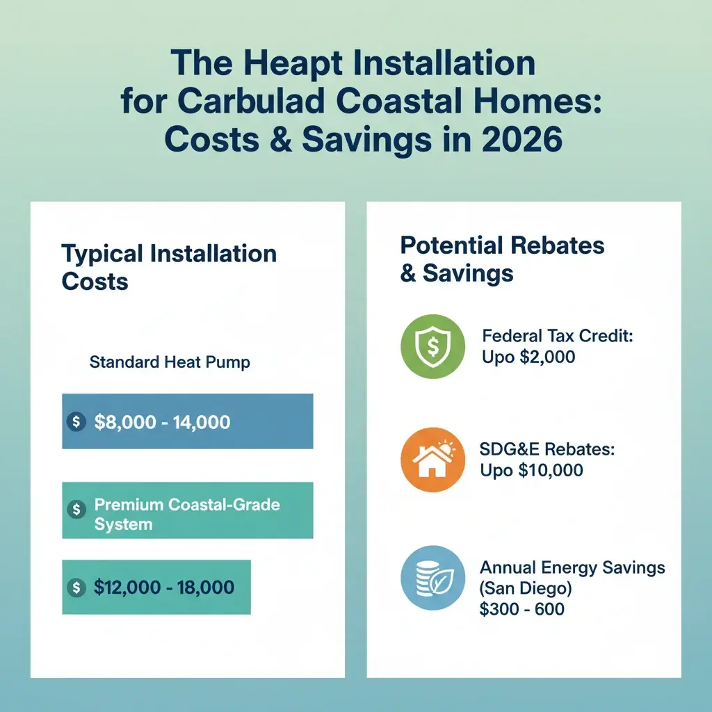Infographic detailing heat pump installation cost ranges, average savings, and available rebates for Carlsbad coastal homes in 2026.