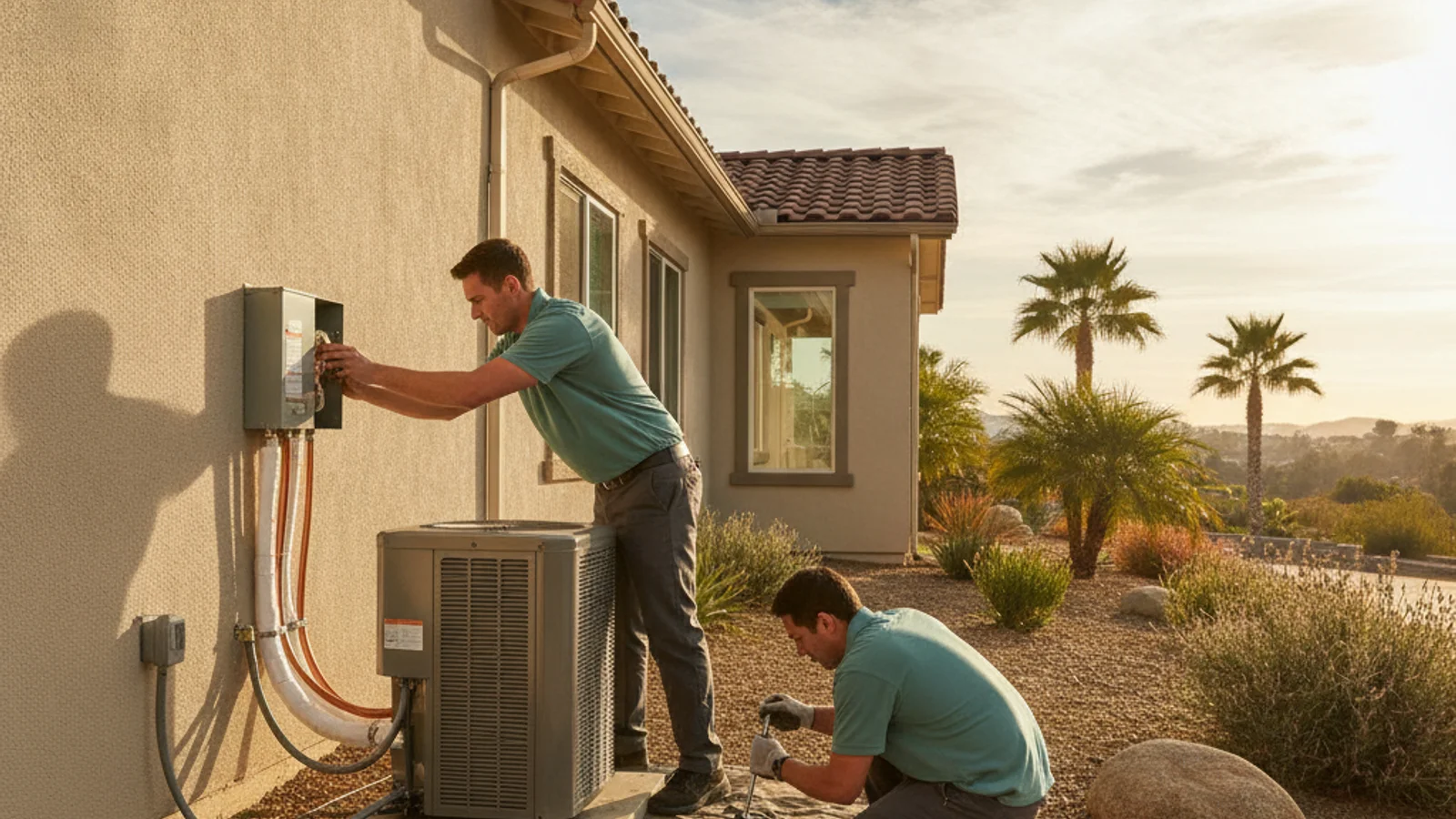 Heat pump outdoor unit being installed at the side of a San Diego home