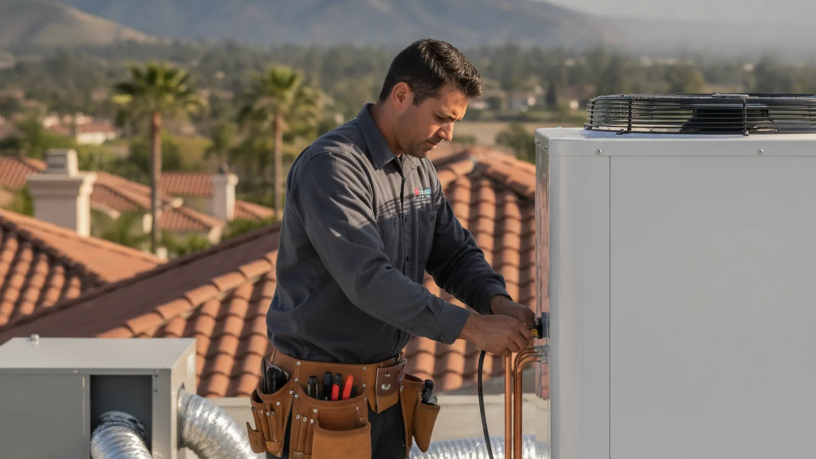 Installers setting a new heat pump condenser on a pad at the side of a Vista California home